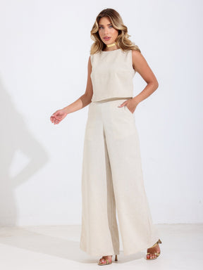 Conjunto de Linho Calça Pantalona e Blusa Regata Stella