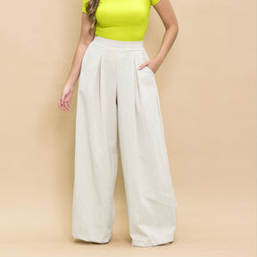 Calça Pantalona de Linho Cintura Alta com Elástico e Bolso Lateral Carmela