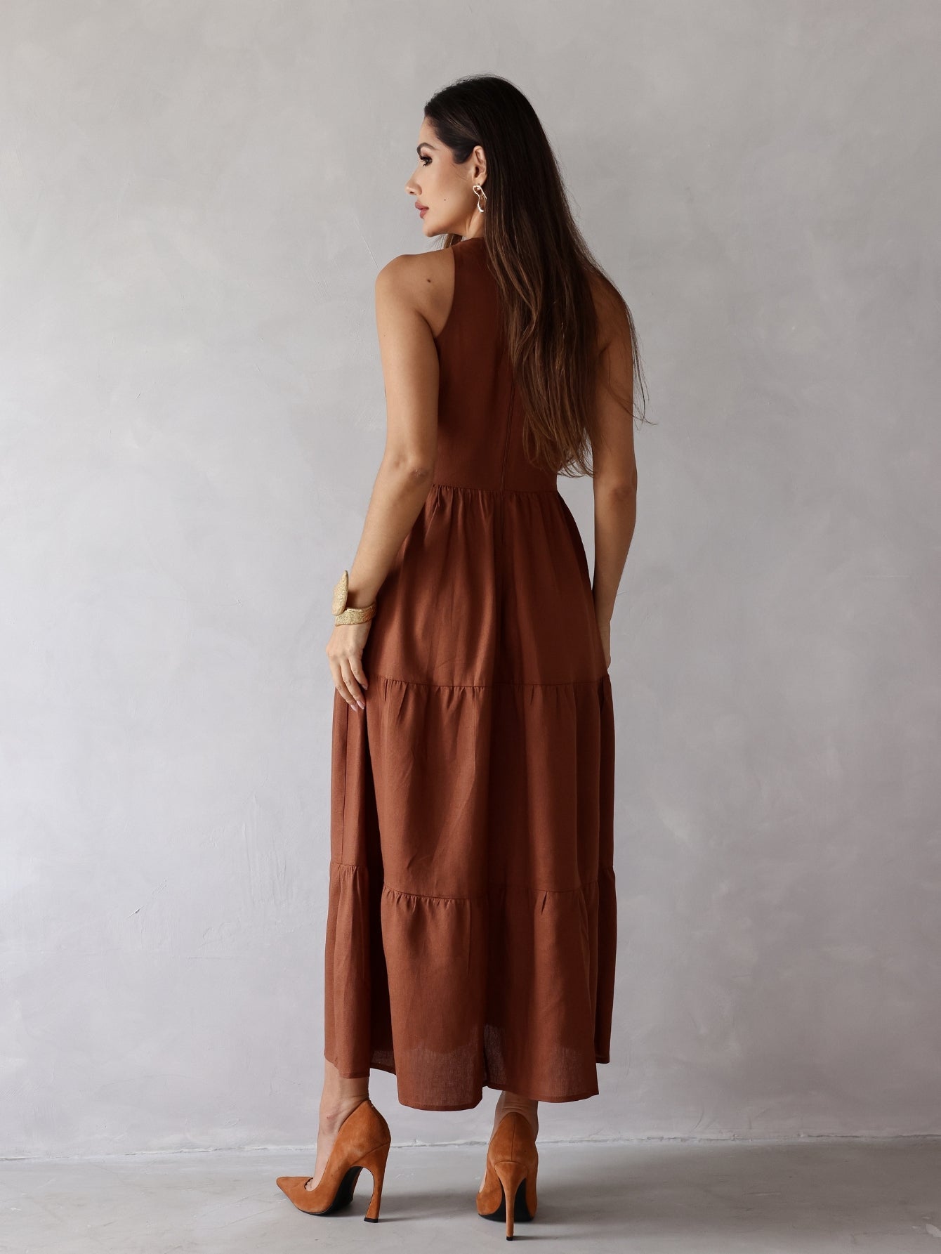 Vestido Longo Liso de Linho Sem Manga Zíper nas Costas Flora