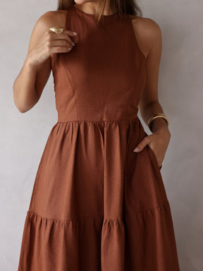 Vestido Longo Liso de Linho Sem Manga Zíper nas Costas Flora