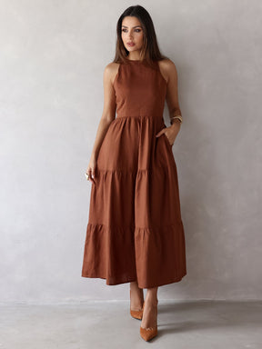 Vestido Longo Liso de Linho Sem Manga Zíper nas Costas Flora