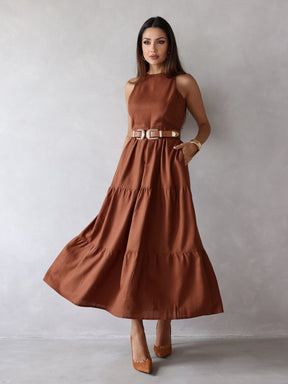 Vestido Longo Liso de Linho Sem Manga Zíper nas Costas Flora