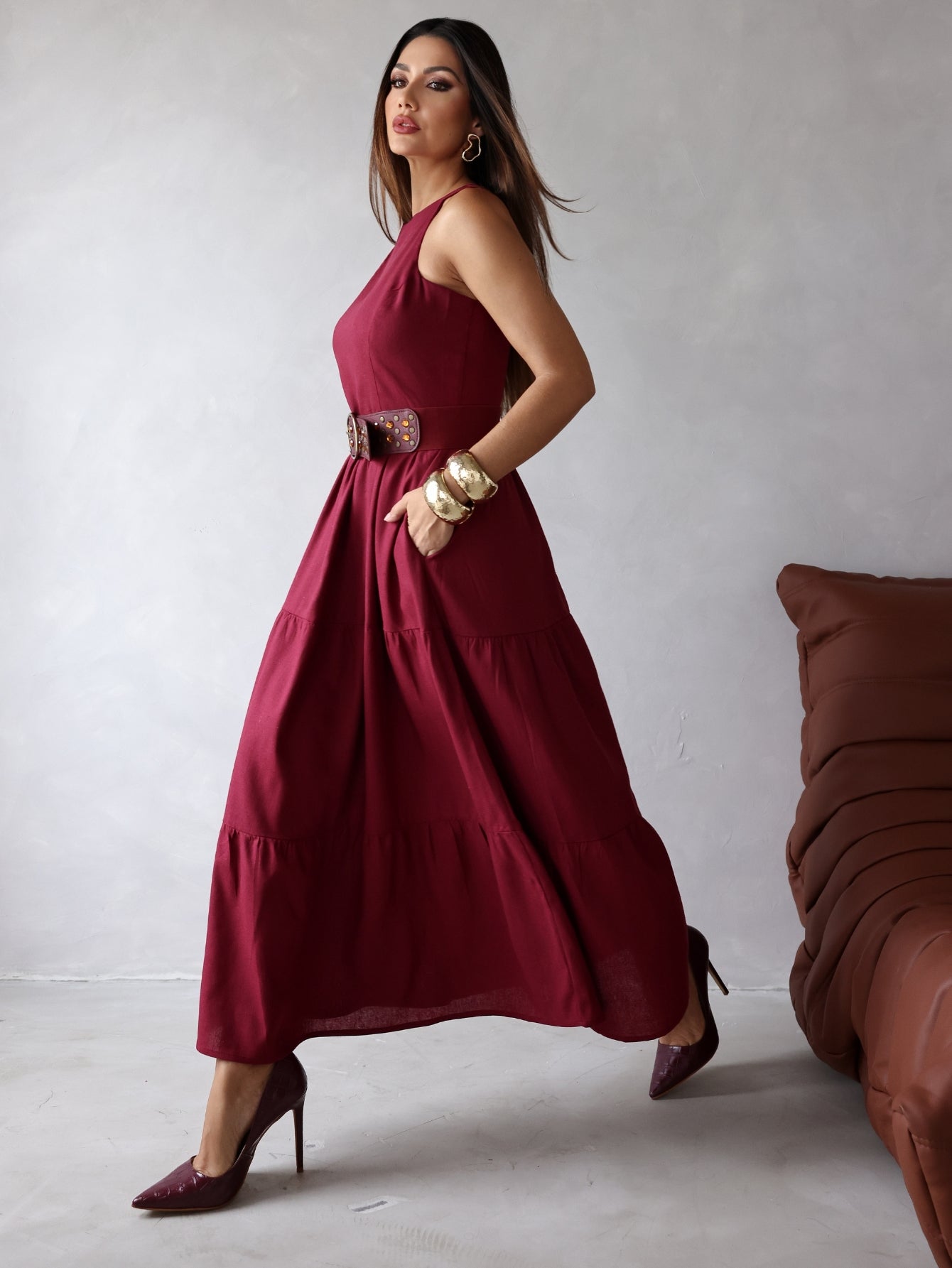 Vestido Longo Liso de Linho Sem Manga Zíper nas Costas Flora