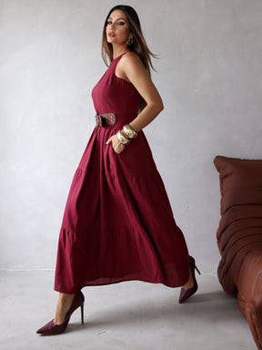 Vestido Longo Liso de Linho Sem Manga Zíper nas Costas Flora