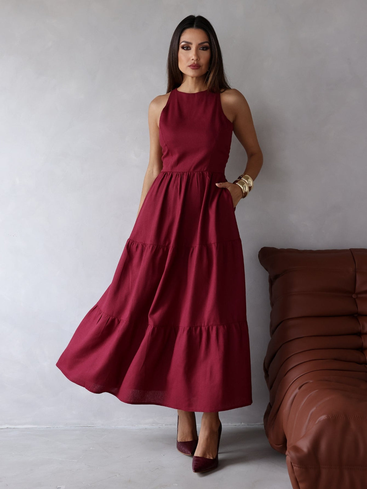 Vestido Longo Liso de Linho Sem Manga Zíper nas Costas Flora