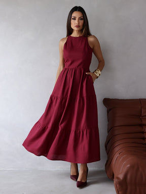 Vestido Longo Liso de Linho Sem Manga Zíper nas Costas Flora