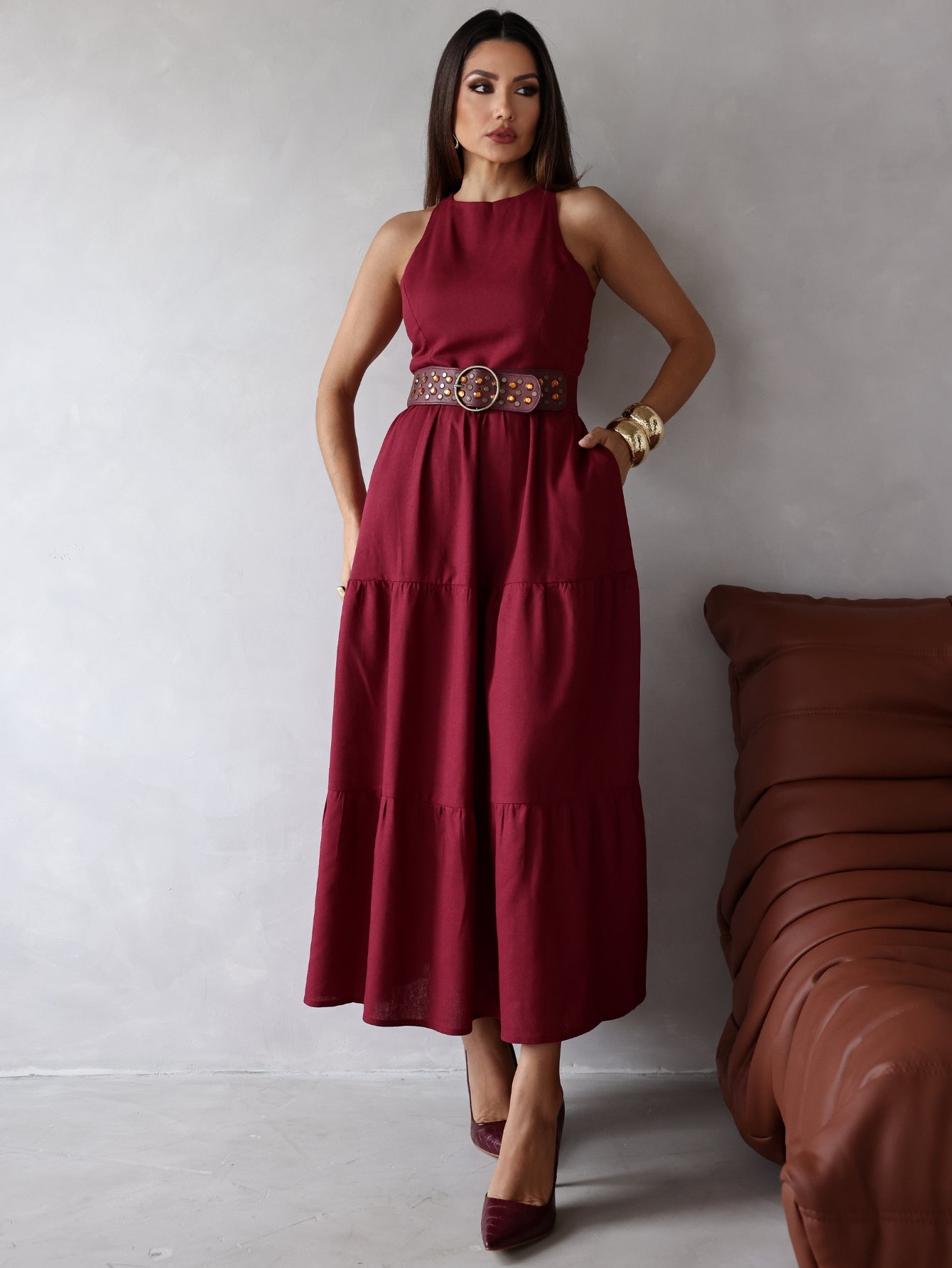 Vestido Longo Liso de Linho Sem Manga Zíper nas Costas Flora