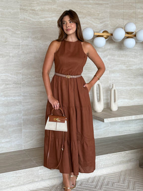 Vestido Longo Liso de Linho Sem Manga Zíper nas Costas Flora