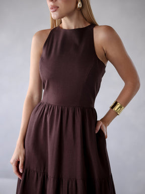 Vestido Longo Liso de Linho Sem Manga Zíper nas Costas Flora