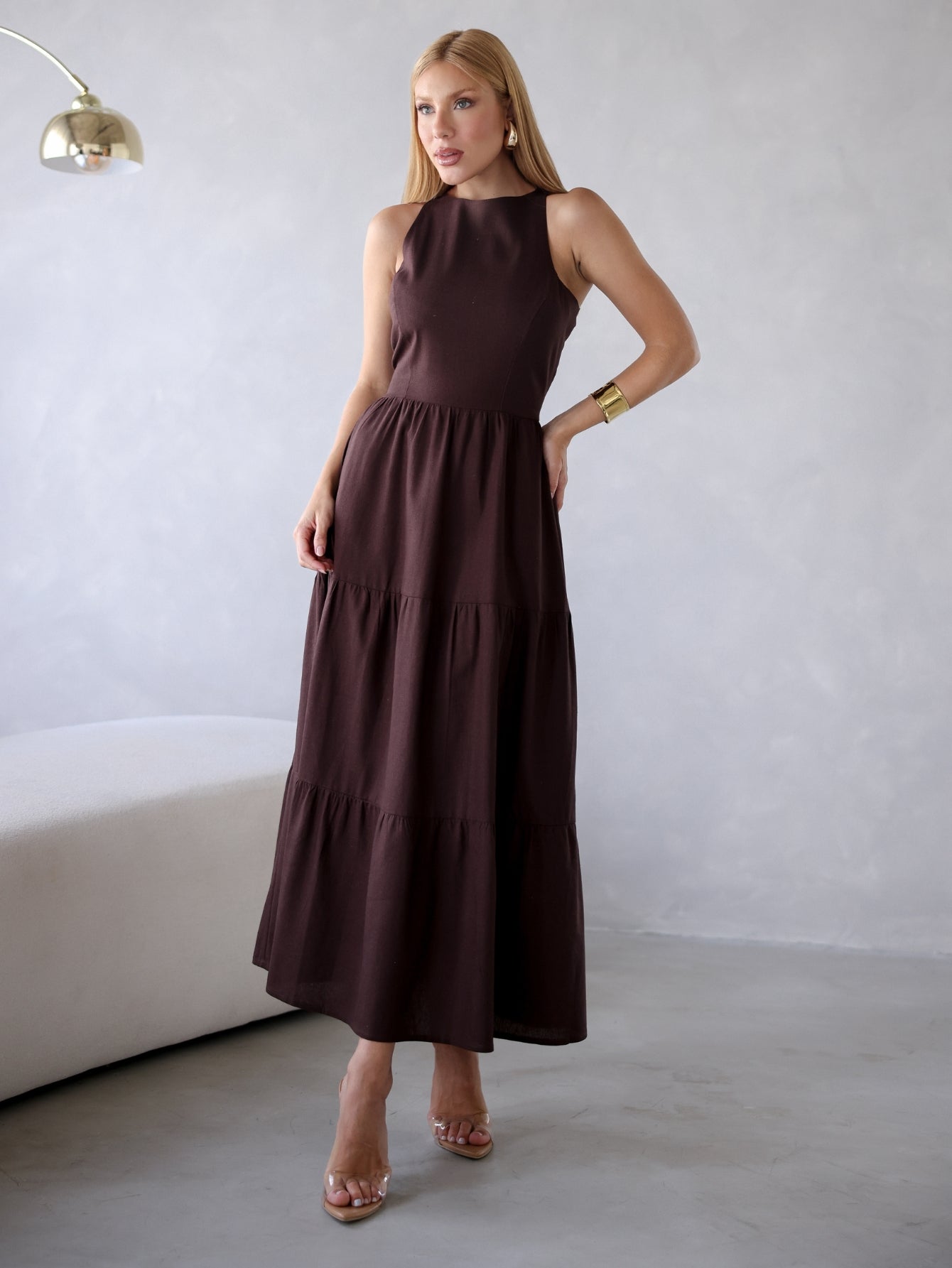 Vestido Longo Liso de Linho Sem Manga Zíper nas Costas Flora