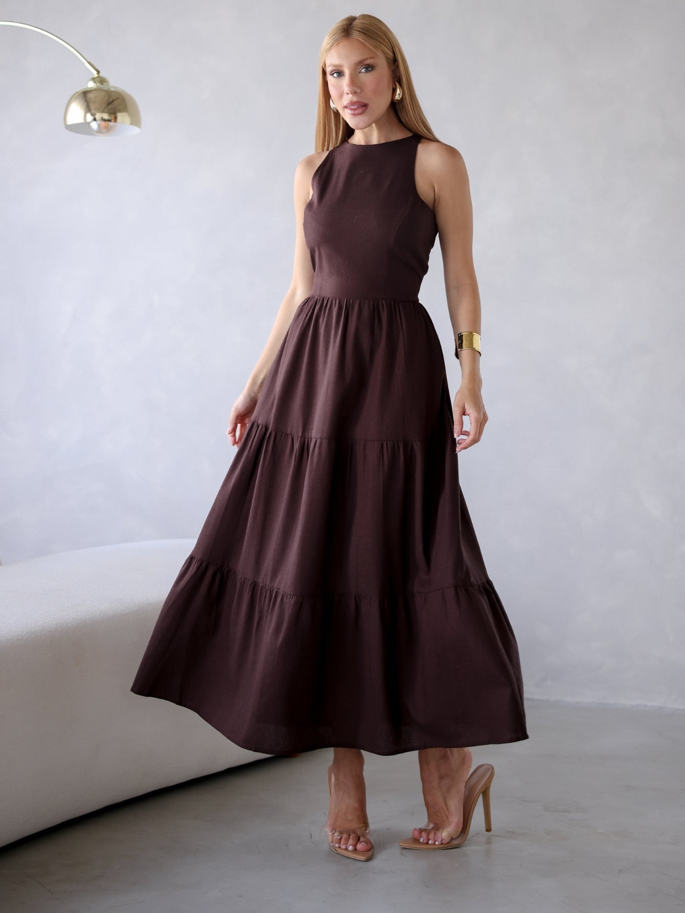 Vestido Longo Liso de Linho Sem Manga Zíper nas Costas Flora