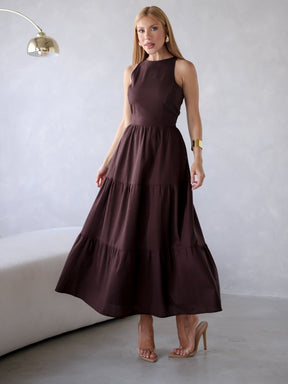 Vestido Longo Liso de Linho Sem Manga Zíper nas Costas Flora