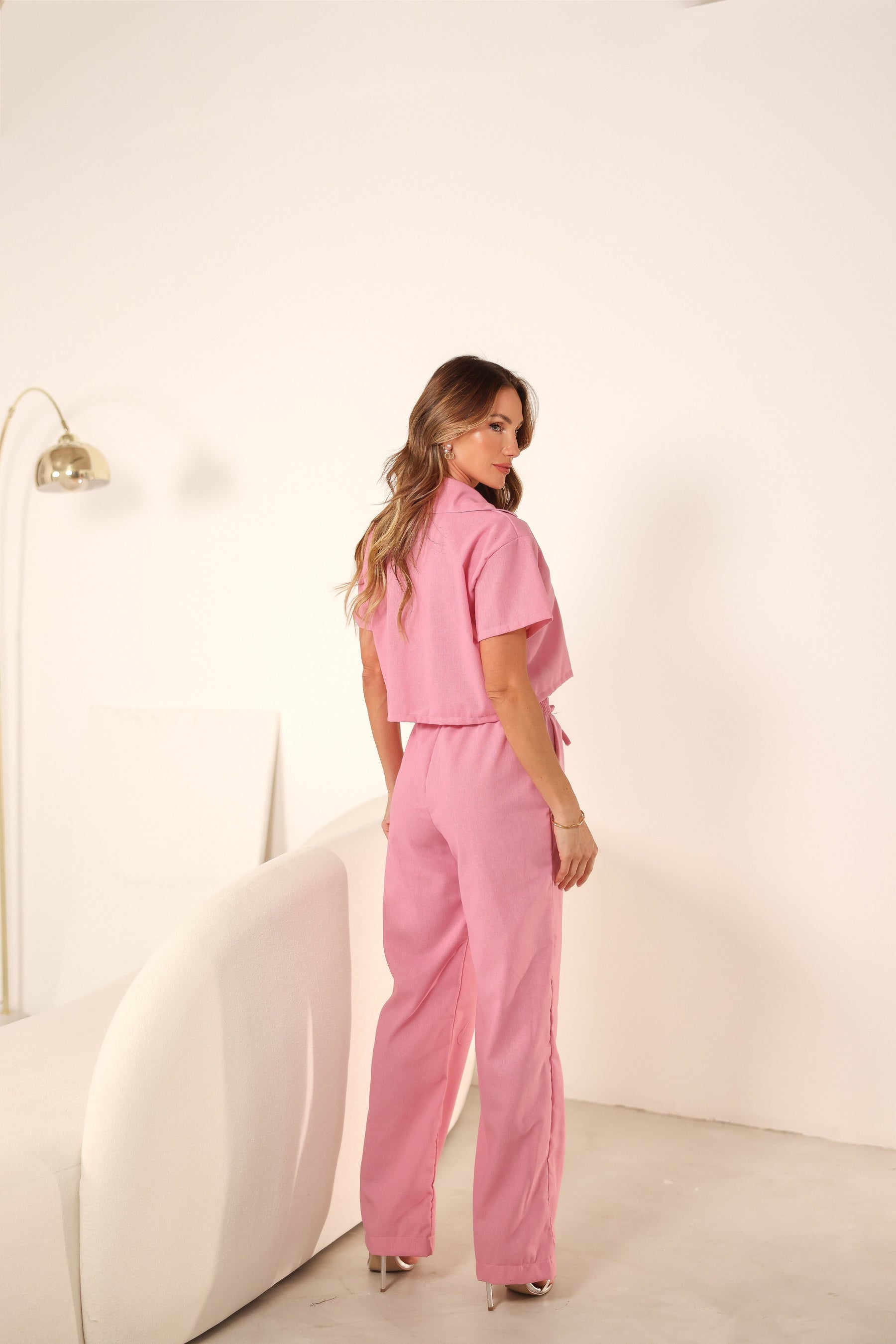 Conjunto de Linho Blusa Clássica + Calça Wide Leg Cós Elástico Josi