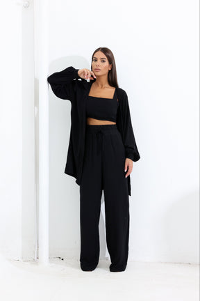 Conjunto Feminino Luna 3 Peças em Twill – Kimono, Calça Pantalona e Top