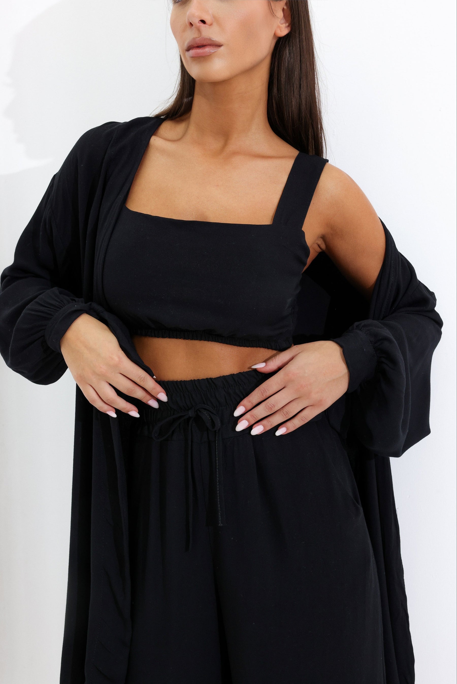 Conjunto Feminino Luna 3 Peças em Twill – Kimono, Calça Pantalona e Top