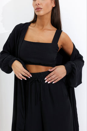 Conjunto Feminino Luna 3 Peças em Twill – Kimono, Calça Pantalona e Top