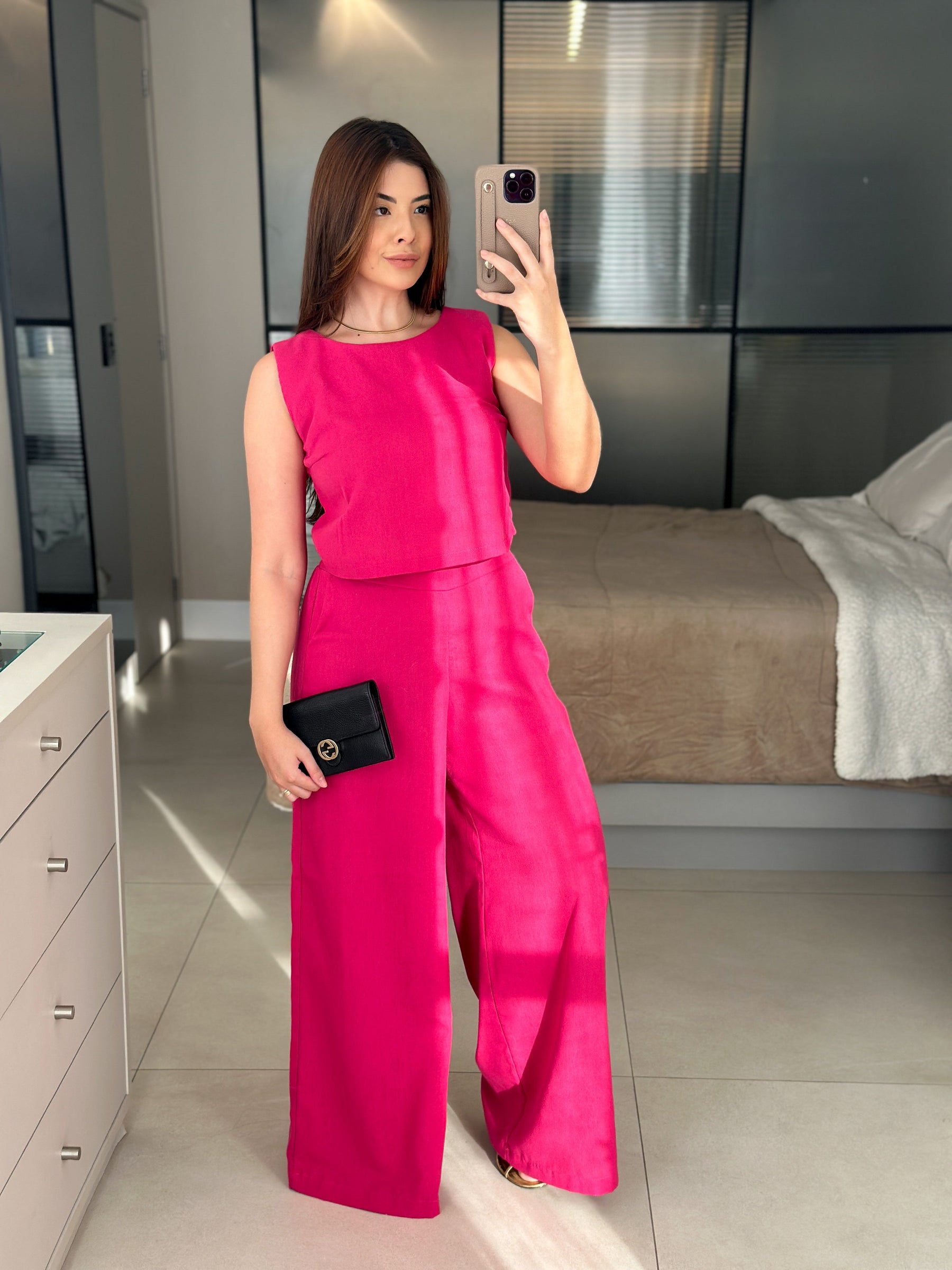 Conjunto de Linho Calça Pantalona e Blusa Regata Stella