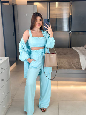 Conjunto Feminino Luna 3 Peças em Twill – Kimono, Calça Pantalona e Top