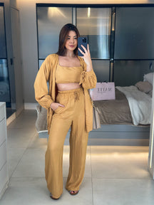 Conjunto Feminino Luna 3 Peças em Twill – Kimono, Calça Pantalona e Top