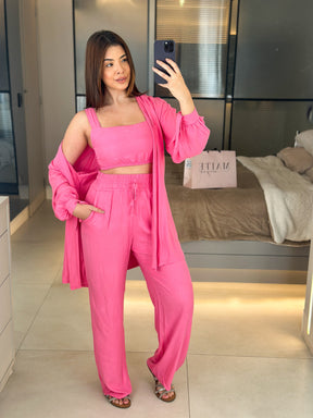 Conjunto Feminino Luna 3 Peças em Twill – Kimono, Calça Pantalona e Top