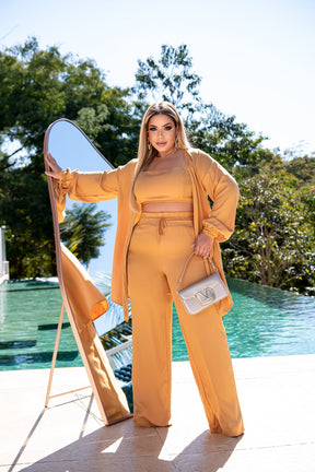 Conjunto Feminino Luna 3 Peças em Twill – Kimono, Calça Pantalona e Top