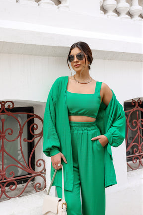 Conjunto Feminino Luna 3 Peças em Twill – Kimono, Calça Pantalona e Top