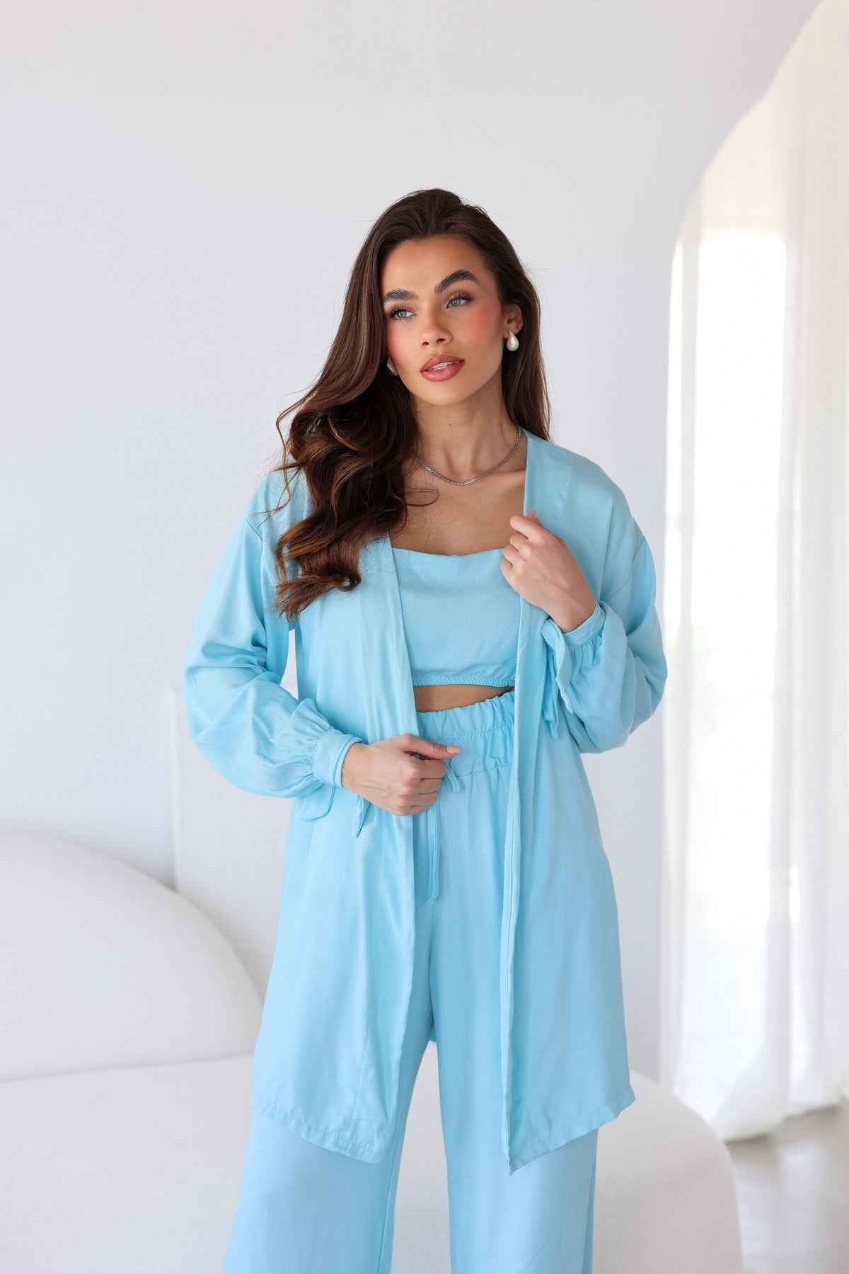 Conjunto Feminino Luna 3 Peças em Twill – Kimono, Calça Pantalona e Top