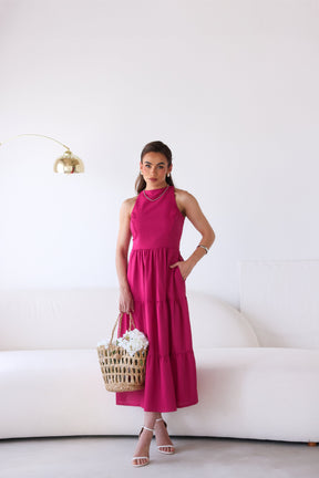 Vestido Longo Liso de Linho Sem Manga Zíper nas Costas Flora