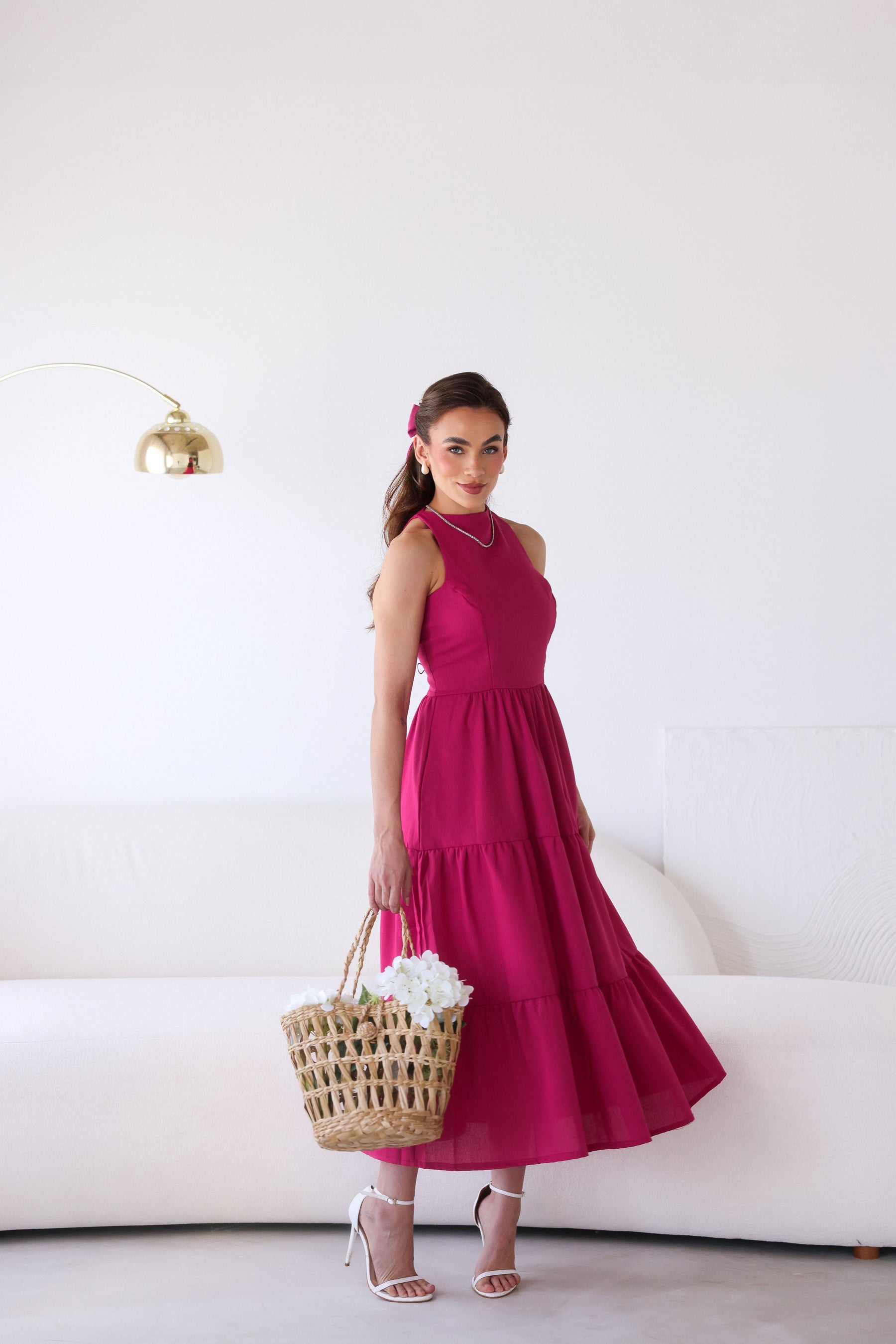 Vestido Longo Liso de Linho Sem Manga Zíper nas Costas Flora