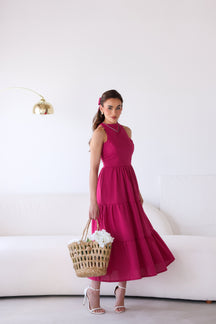 Vestido Longo Liso de Linho Sem Manga Zíper nas Costas Flora