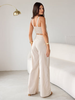 Conjunto de Linho Calça Pantalona Wide Leg e Cropped Alças Finas Lucy