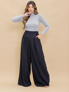 Calça Pantalona de Linho Cintura Alta com Elástico e Bolso Lateral Carmela
