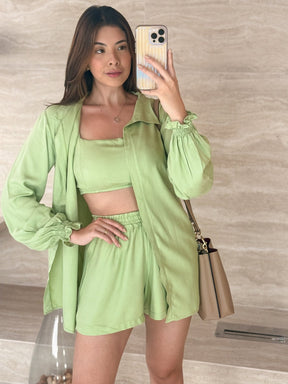 Conjunto Comfy Cropped + Short + Kimono Casual Marcela