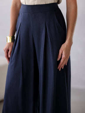 Calça Pantalona de Linho Cintura Alta com Elástico e Bolso Lateral Carmela