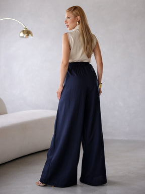 Calça Pantalona de Linho Cintura Alta com Elástico e Bolso Lateral Carmela