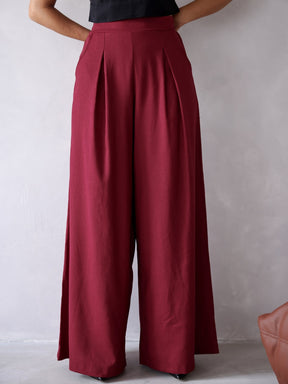 Calça Pantalona de Linho Cintura Alta com Elástico e Bolso Lateral Carmela