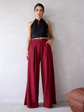 Calça Pantalona de Linho Cintura Alta com Elástico e Bolso Lateral Carmela