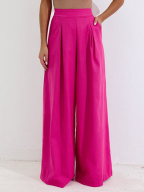 Calça Pantalona de Linho Cintura Alta com Elástico e Bolso Lateral Carmela