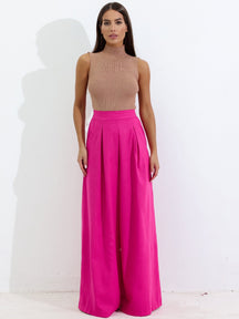 Calça Pantalona de Linho Cintura Alta com Elástico e Bolso Lateral Carmela