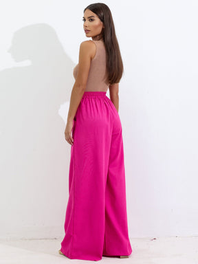 Calça Pantalona de Linho Cintura Alta com Elástico e Bolso Lateral Carmela