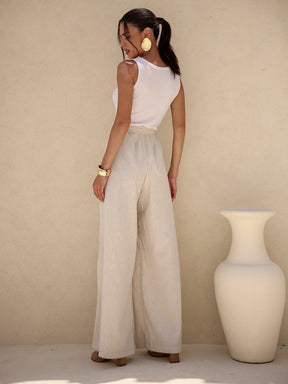 Calça Pantalona de Linho Cintura Alta com Elástico e Bolso Lateral Carmela