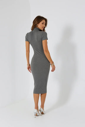 Vestido Midi Gola Alta Canelado com Fenda Lateral Cacharrel Mariah