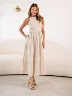 Vestido Longo Liso de Linho Sem Manga Zíper nas Costas Flora