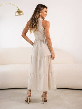 Vestido Longo Liso de Linho Sem Manga Zíper nas Costas Flora