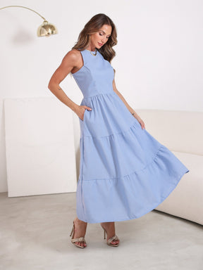 Vestido Longo Liso de Linho Sem Manga Zíper nas Costas Flora