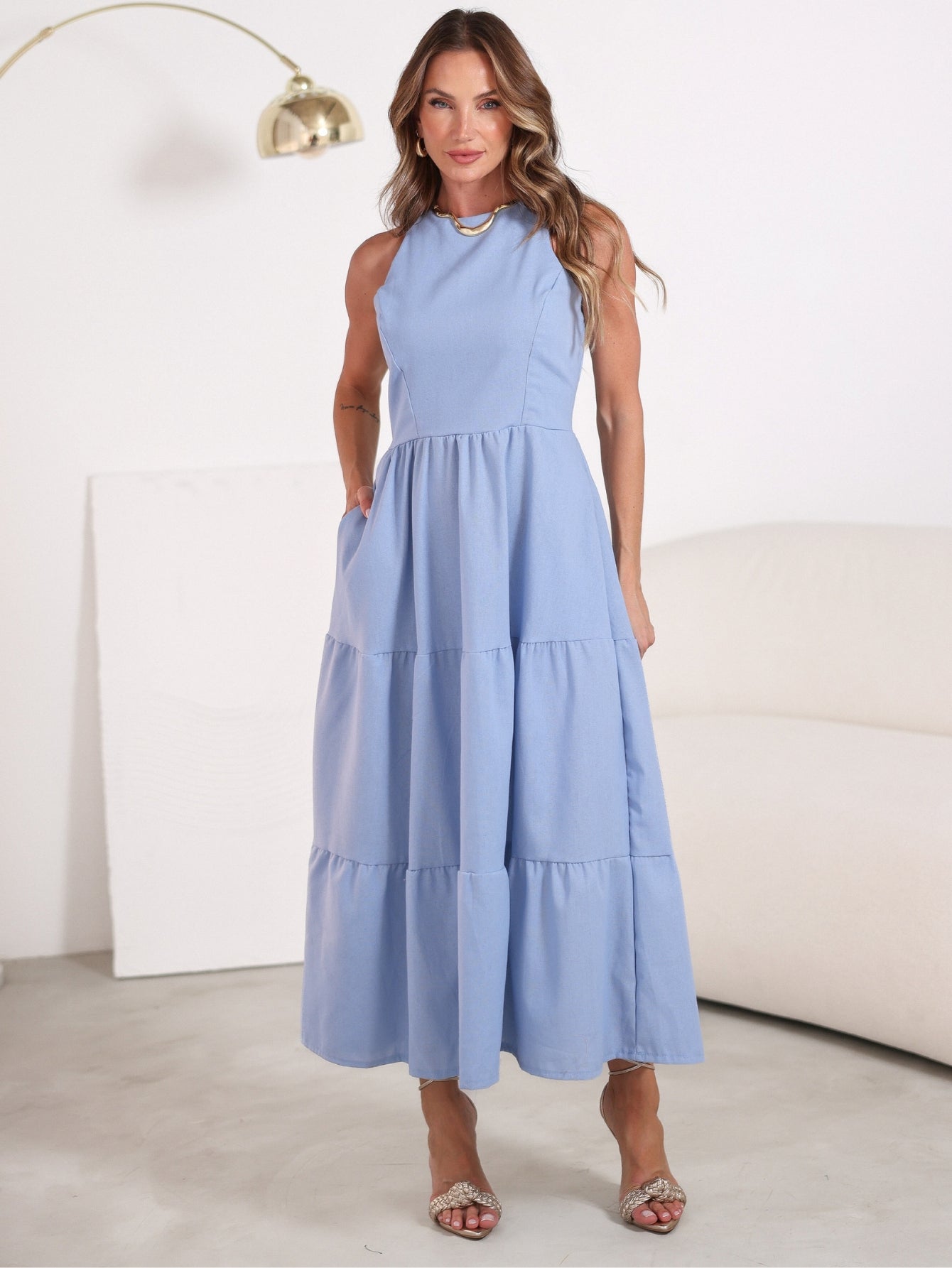 Vestido Longo Liso de Linho Sem Manga Zíper nas Costas Flora