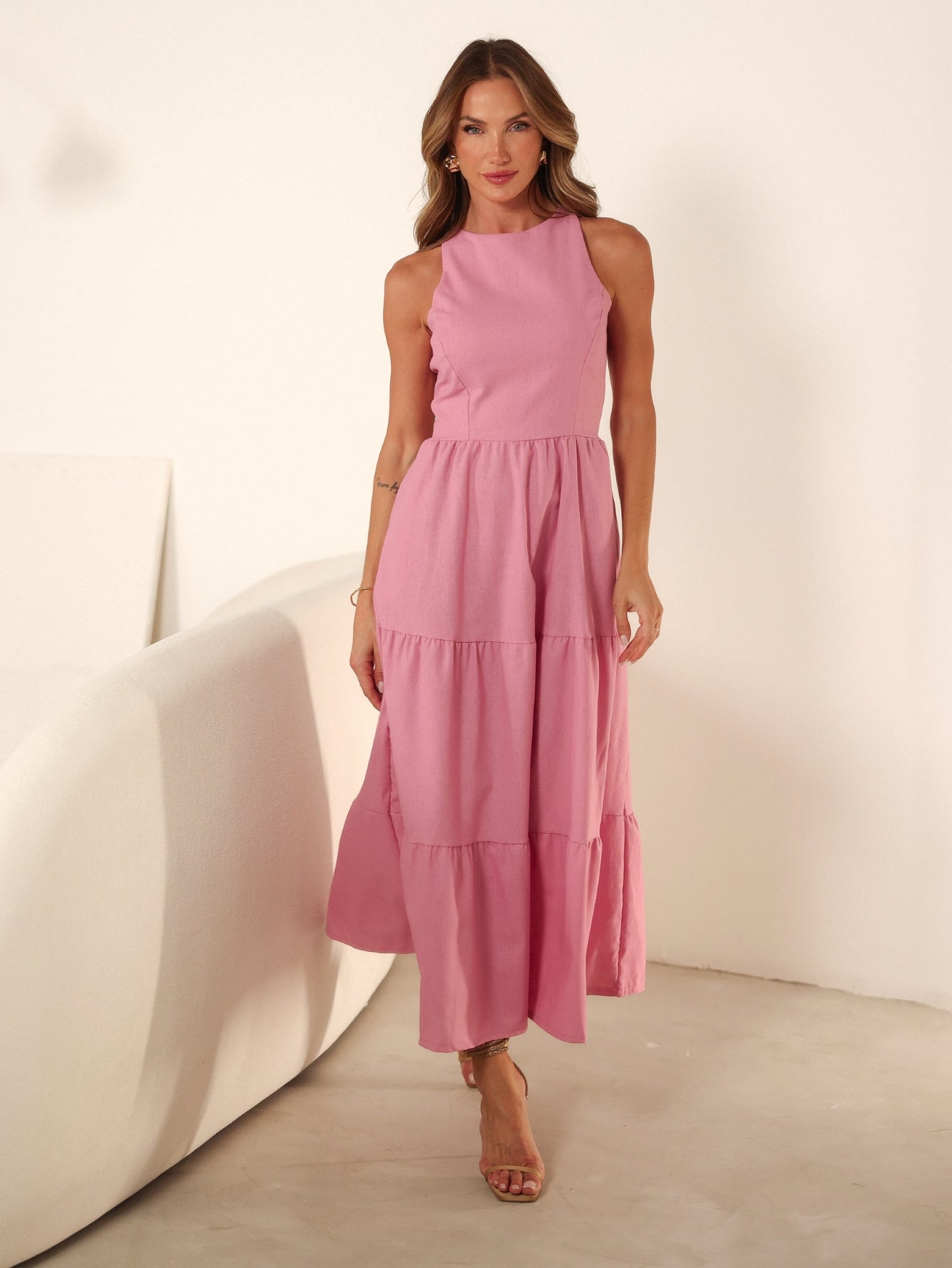 Vestido Longo Liso de Linho Sem Manga Zíper nas Costas Flora