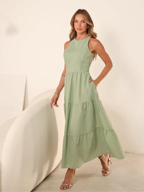 Vestido Longo Liso de Linho Sem Manga Zíper nas Costas Flora