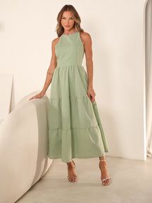 Vestido Longo Alfaiataria Sem Manga Zíper nas Costas Flora