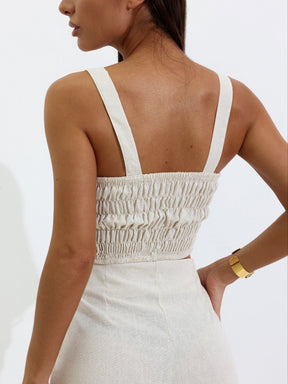 Conjunto de Linho Calça Pantalona Wide Leg e Cropped Alças Finas Lucy